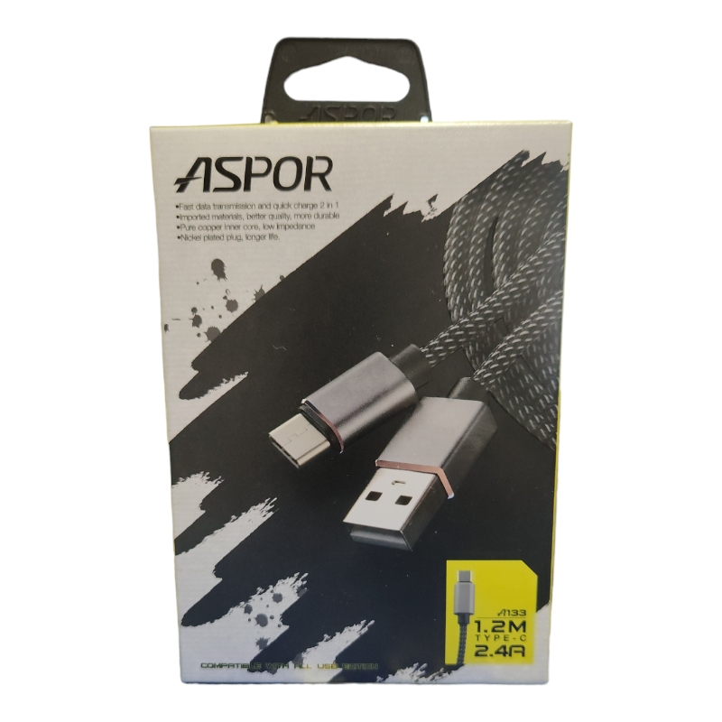 USB кабель Aspor A133 Type-C Nylon 2.4A/1.2м- чёрный 