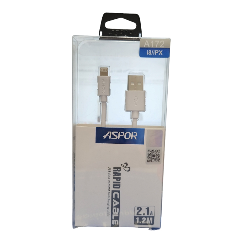 USB кабель Aspor A172 Lightning 2.1A/1.2м- белый 