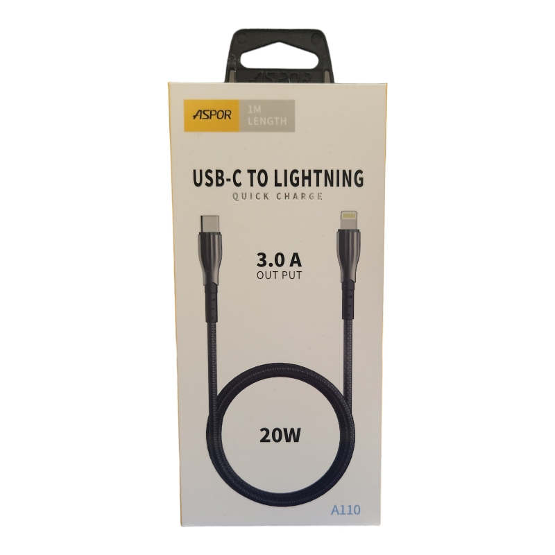 Кабель Aspor A110 Quick Charge Type-C - Lightning 3A/20W/1м- чёрный 