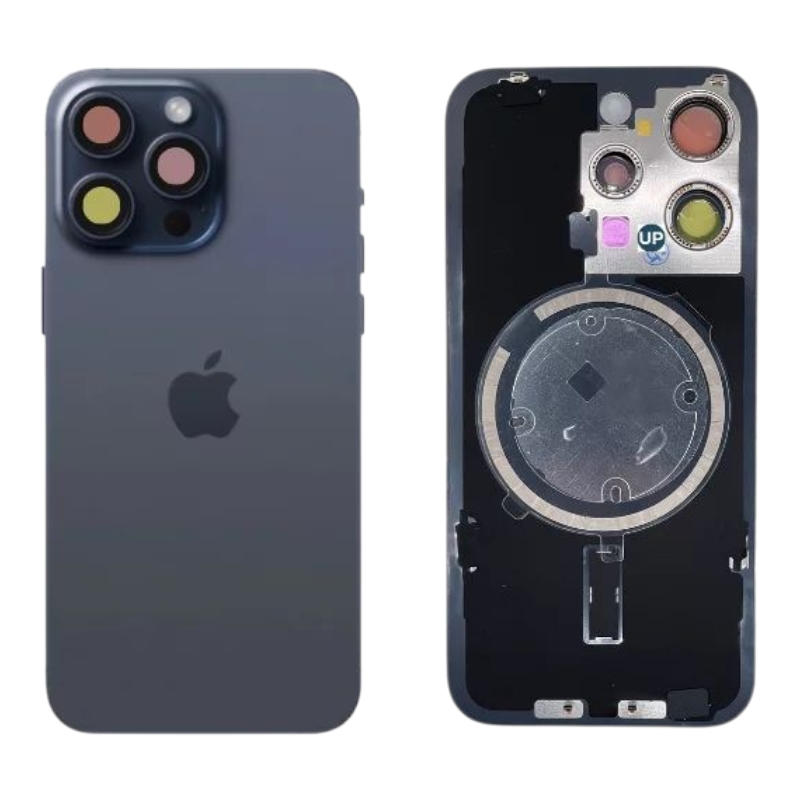 Задняя крышка IPhone 15 pro max синяя с рамкой и стеклом камеры 