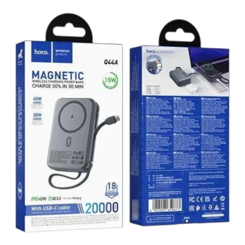 Power bank Hoco Q44A 20000mAh PD 45W магнитный с функцией беспроводной зарядки metal gray