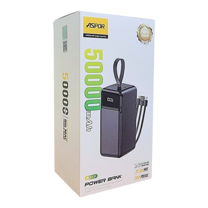 Power Bank Aspor A319 50000mAh Fast Charge (QC+PD) 22.5W- чёрний 