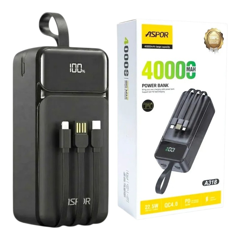 Power Bank Aspor A318 40000mAh (22.5W/QC 4.0/PD) + cable USB/Lightning/Type-C- чёрний 