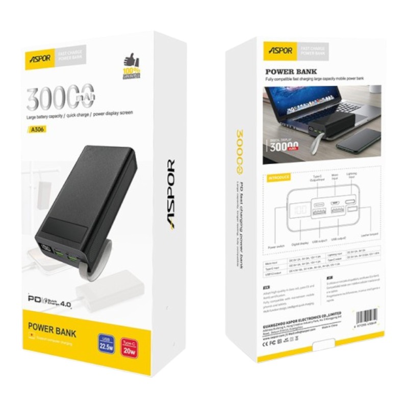 Power Bank Aspor A306 Fast Charge 30000mAh (QC+PD) 22,5W чорний