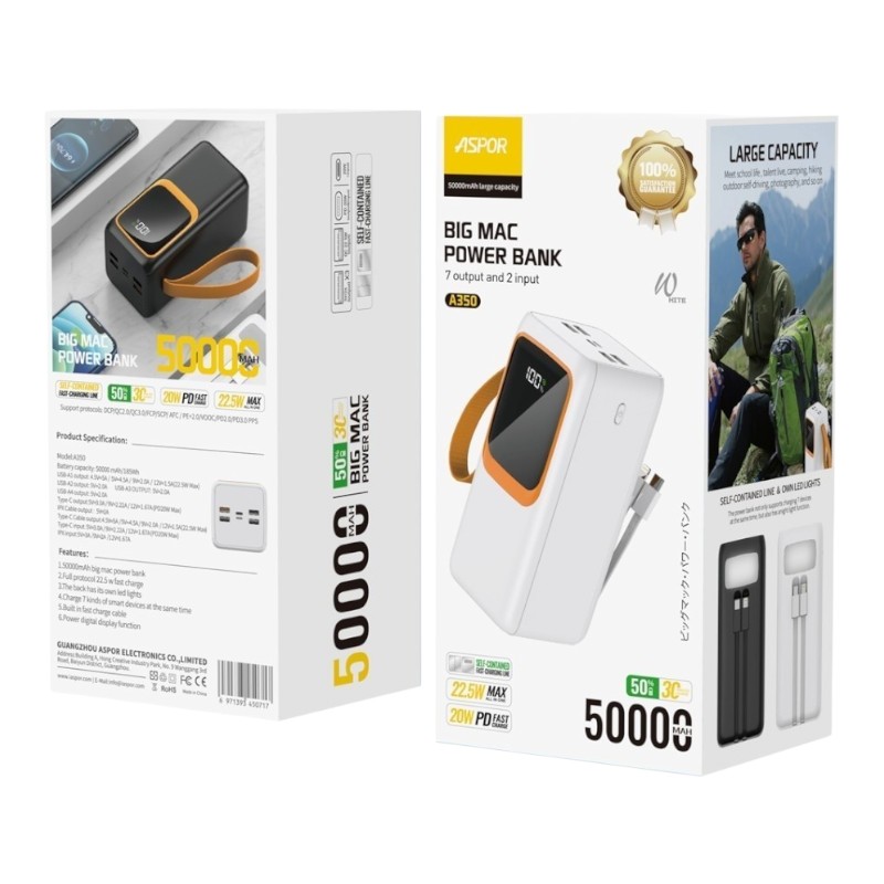 Power Bank Aspor A350 50000mAh Fast Charge (QC+PD) 22.5W чёрный