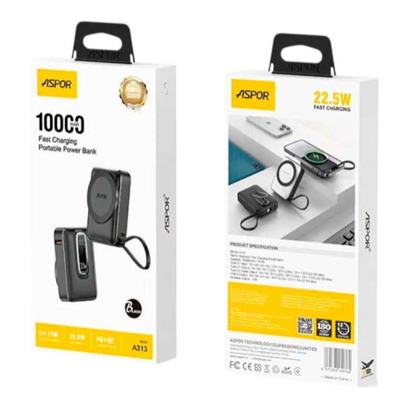 Power Bank Aspor A313 Magnetic Wireless 10000mAh (USB/Type-C/22.5W) чёрный 