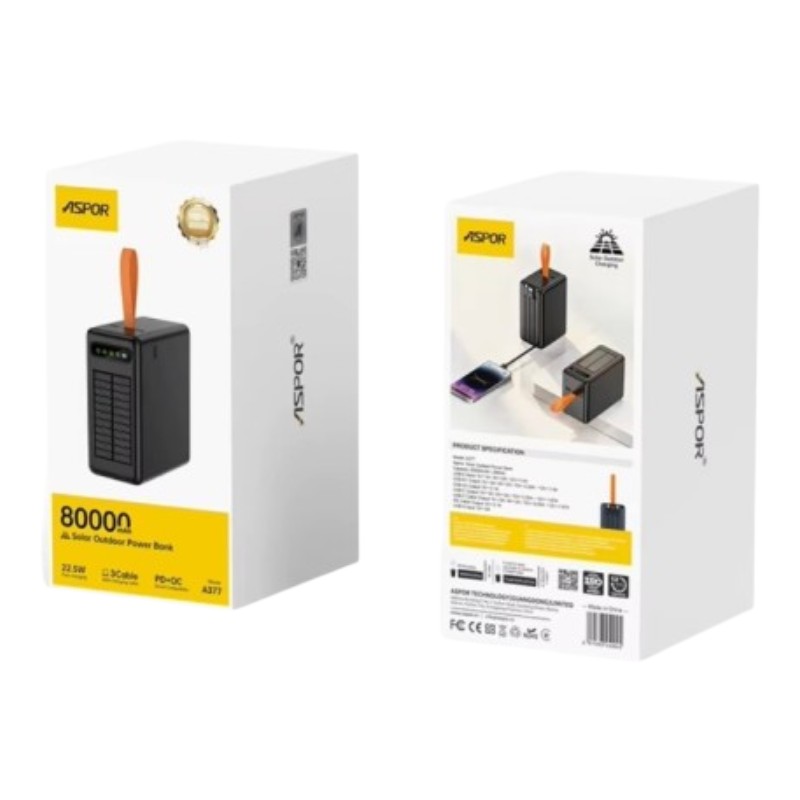 Solar Power Bank Aspor A377 80000 mAh 22,5W Fast Charging 