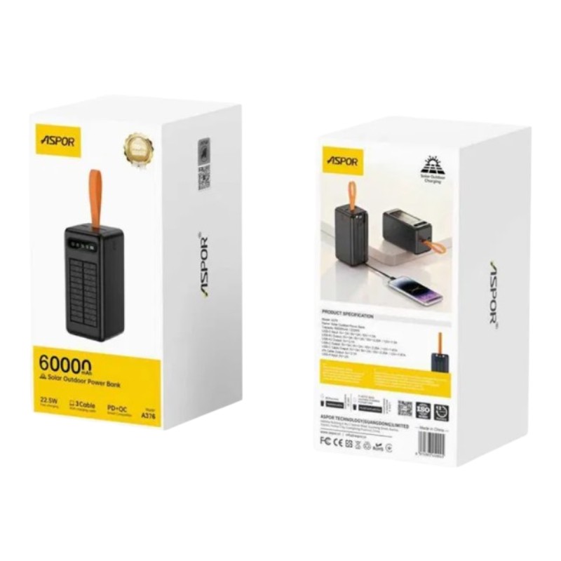 Solar Power Bank Aspor A376 60000 mAh 22,5W Fast Charging 