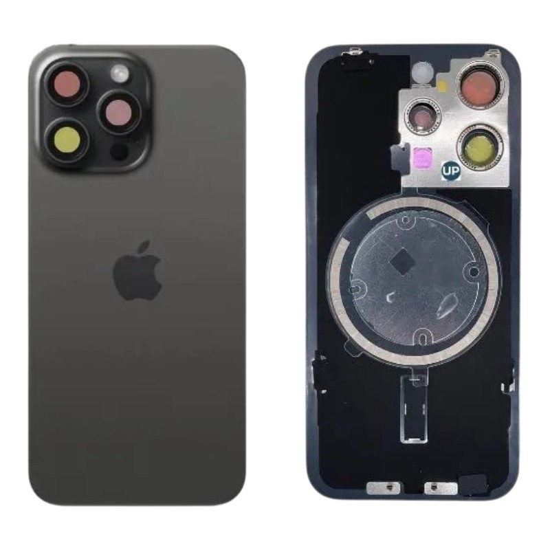 Задняя крышка IPhone 15 pro чёрная с рамкой и стеклом камеры 