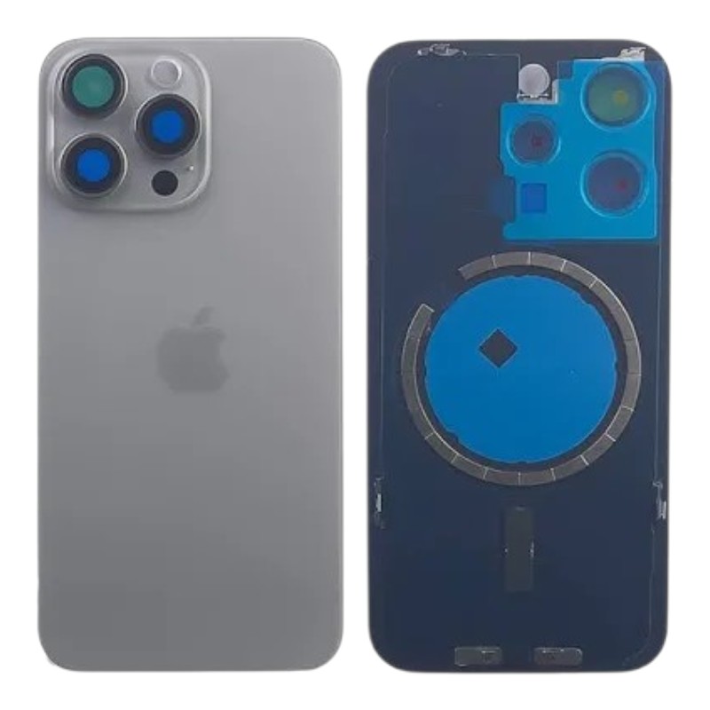 Задняя крышка IPhone 15 pro max серая с рамкой и стеклом камеры 