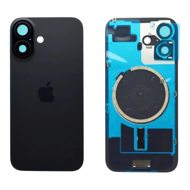 Задняя крышка IPhone 16 чёрная с рамкой и стеклом камеры 