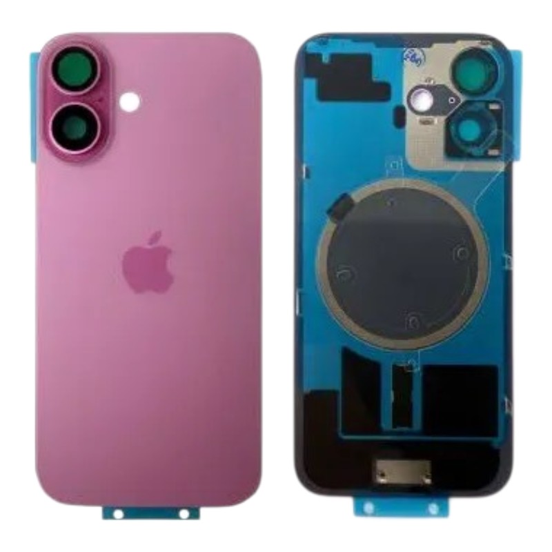 Задняя крышка IPhone 16 розовая с рамкой и стеклом камеры 