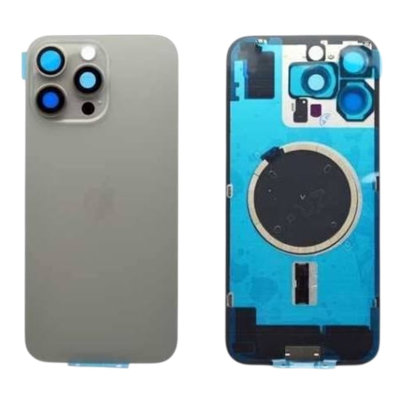 Задняя крышка IPhone 16 pro серая с рамкой и стеклом камеры 
