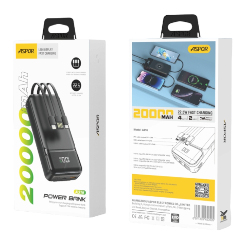 Power bank Aspor A316 20000 mAh 22.5W Fast Charge