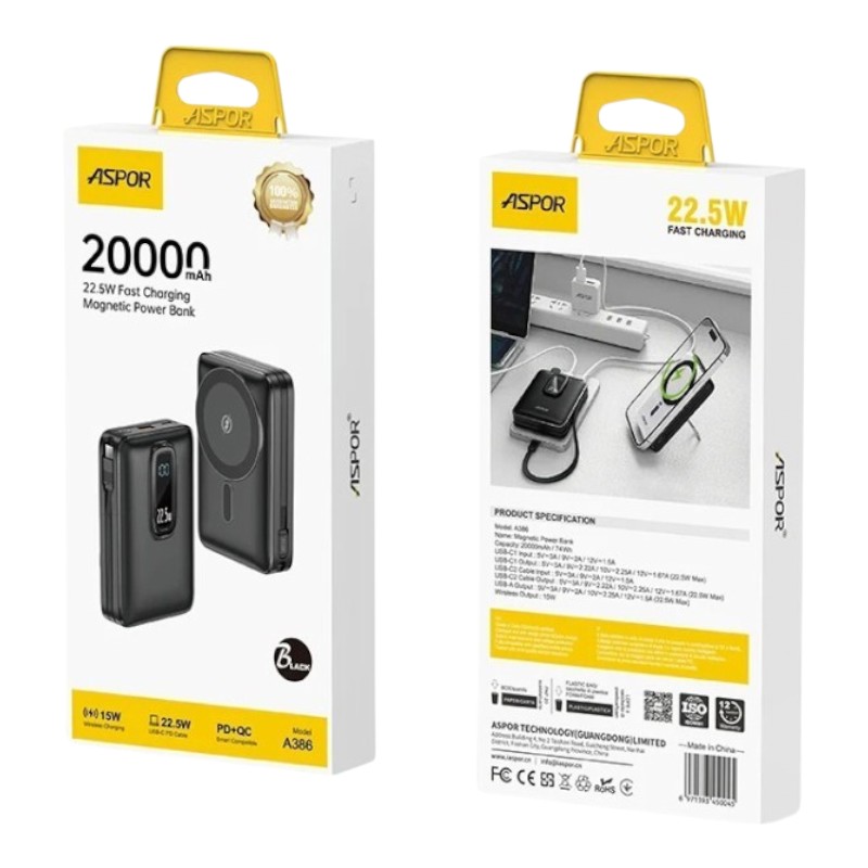Power Bank Aspor A386 Magnetic Wireless 20000mAh (USB/Type-C/22.5W) чорний